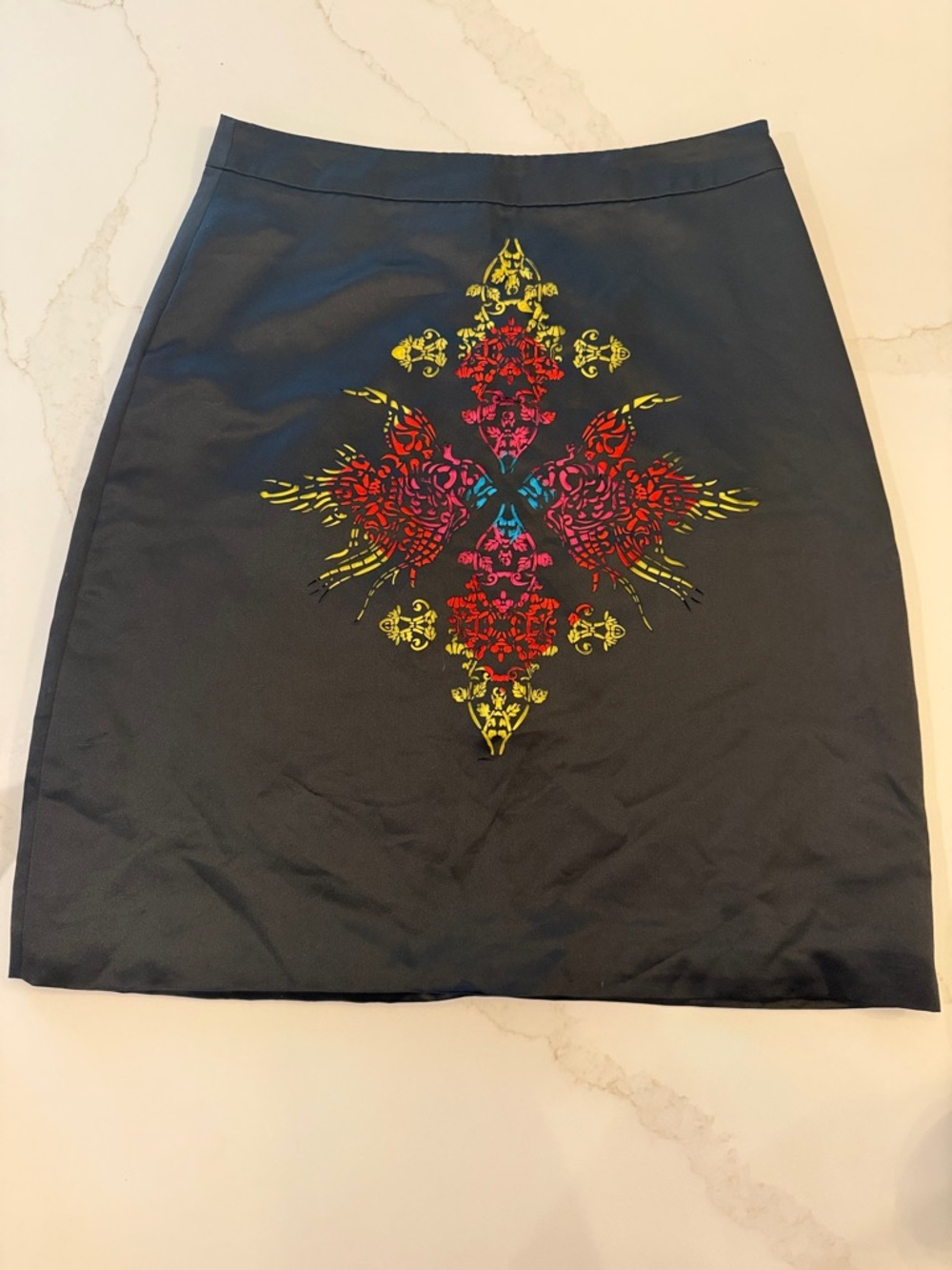 Black Pencil Skirt with Multicolor Embroidered Medallion